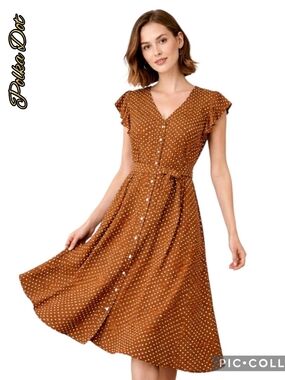 Midi dress brown base white polka dots button front, tie waist, front pockets xl
